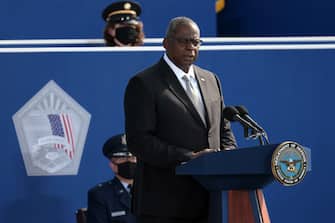 ARLINGTON, VIRGINIA - SEPTEMBER 11: Secretary of Defense Lloyd Austin delivers remarks at the Pentagon 9/11 observance ceremony at the National 9/11 Pentagon Memorial on September 11, 2021 in Arlington, Virginia. The nation is marking the 20th anniversary of the terror attacks of September 11, 2001, when the terrorist group al-Qaeda flew hijacked airplanes into the World Trade Center, Shanksville, PA and the Pentagon, killing nearly 3,000 people. (Photo by Win McNamee/Getty Images)