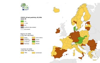 La mappa dell'Ecdc che mostra il tasso di positività nei Paesi Ue