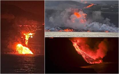 Canarie, la lava del vulcano di La Palma ha raggiunto l’Oceano. FOTO