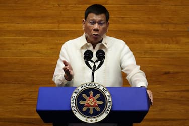 Philippine President Rodrigo Duterte speaks during the annual state of the nation address at the House of Representatives in Manila on July 26, 2021. (Photo by LISA MARIE DAVID / POOL / AFP) (Photo by LISA MARIE DAVID/POOL/AFP via Getty Images)