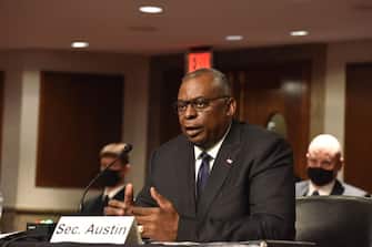 1343730239 WASHINGTON, DC - SEPTEMBER 28: Lloyd Austin, U.S. secretary of defense, speaks during a Senate Armed Services Committee hearing at Dirksen Senate Office Building on Capitol Hill on September 28, 2021 in Washington, DC. (Photo by Sha Hanting/China News Service via Getty Images)
