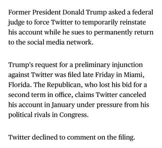 Donald Trump ha chiesto a un giudice federale della Florida di obbligare Twitter a riattivare il suo account. Lo riferisce Bloomberg News