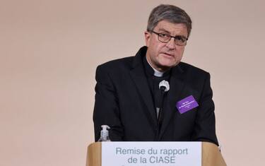 Catholic Bishop Eric de Moulins-Beaufort, president of the Bishops' Conference of France (CEF), speaks during the publishing of a report by an independant commission into sexual abuse by church officials (Ciase) on October 5, 2021, in Paris. - An independent inquiry into alleged sex abuse of minors by French Catholic priests, deacons and other clergy has found some 216,000 victims of paedophilia from 1950 to 2020, a "massive phenomenon" that was covered up for decades by a "veil of silence." (Photo by THOMAS COEX / various sources / AFP) (Photo by THOMAS COEX/AFP via Getty Images)