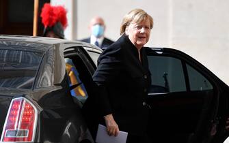 German Chancellor Angela Merkel arrives for a private audience with Pope Francis, at San Damaso courtyard in Vatican City, 07 October 2021.   ANSA/ETTORE FERRARI
 