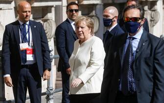 German Chancellor Angela Merkel arrive at Palazzo Chigi for a meeting with Italian Premier Mario Draghi, Rome, Thursday, Oct. 7, 2021. ANSA/FABIO FRUSTACI