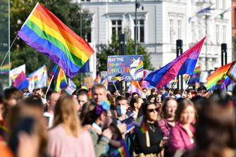 POLAND EQUALITY MARCH epa09502047 People take part in the Equality March in support of LGBT (lesbian, gay, bisexual and transgender) rights, in Wroclaw, western Poland, 02 October 2021. EPA/Maciej Kulczynski POLAND OUT