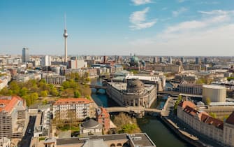 Elevated view of Bode Museum, Museum island and TV tower with Berlin skyline in the background