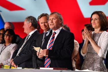 PARIS, FRANCE - JUNE 30:  Sir David Amess speaks as the British delegation appear on stage during the Conference In Support Of Freedom and Democracy In Iran on June 30, 2018 in Paris, France. The speakers declared their support for the Iranian peoples uprising and the democratic alternative, the National Council of Resistance of Iran and called on the international community to adopt a firm policy against the mullahs regime and stand by the arisen people of Iran. (Photo by Anthony Devlin/Getty Images)
