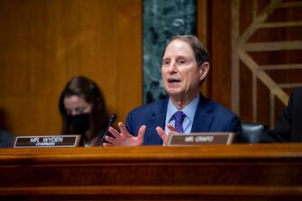 1235979582 WASHINGTON, DC - OCTOBER 19: U.S. Sen. Ron Wyden (D-OR) questions Chris Magnus as he appears before a United States Senate Committee on Finance hearing to consider Chris Magnus's nomination to be Commissioner of U.S. Customs and Border Protection on October 19, 2021 in Washington, DC. The hearing for Magnusâ s confirmation comes after it was delayed for several months by Chairman Sen. Ron Wyden (D-OR), who called on the Department of Homeland Security to release documents related to the involvement of DHS in the street protests in Portland, Oregon. (Photo by Rod Lamkey-Pool/Getty Images)