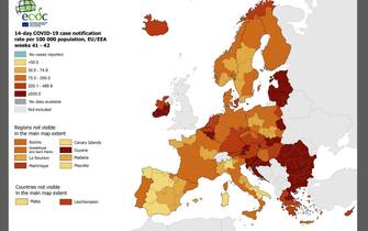 Mappa ecdc su incidenza casi in Europa