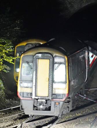 The scene of a crash involving two trains near the Fisherton Tunnel between Andover and Salisbury in Wiltshire. Fifty firefighters are at the scene of the collision in which up to a dozen passengers are believed to have been injured. Picture date: Monday November 1, 2021. (Photo by Andrew Matthews/PA Images via Getty Images)