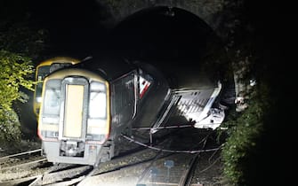Emergency services at the scene of a crash involving two trains near the Fisherton Tunnel between Andover and Salisbury in Wiltshire. Fifty firefighters are at the scene of the collision in which up to a dozen passengers are believed to have been injured. Picture date: Monday November 1, 2021. (Photo by Andrew Matthews/PA Images via Getty Images)