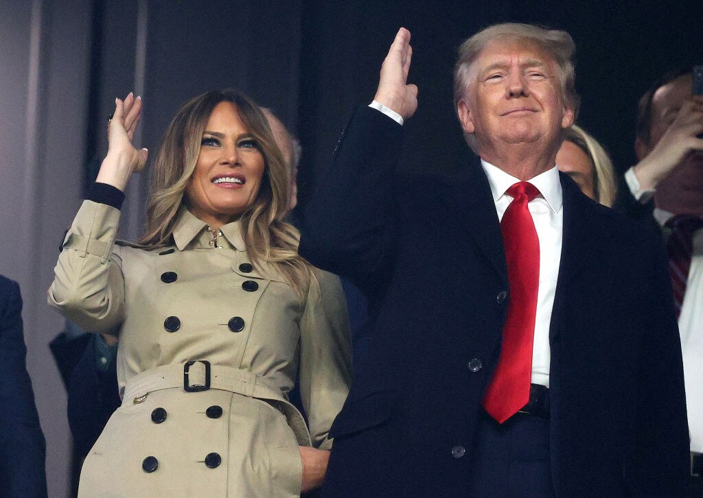 ATLANTA, GEORGIA - OCTOBER 30:  Former first lady and president of the United States Melania and Donald Trump do "the chop" prior to Game Four of the World Series between the Houston Astros and the Atlanta Braves Truist Park on October 30, 2021 in Atlanta, Georgia. (Photo by Elsa/Getty Images)