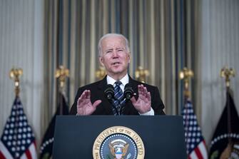 U.S. President Joe Biden speaks on the October jobs report in the State Dining of the White House in Washington, D.C., U.S., on Friday, Nov. 5, 2021. The U.S. labor market got back on track last month with a larger-than-forecast and broad-based payrolls gain, indicating greater progress filling millions of vacancies as the effects of the delta variant faded. Photographer: Al Drago/Bloomberg via Getty Images