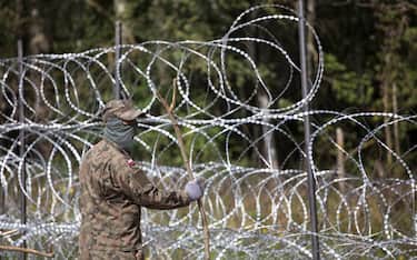 Polish soliders set up barbed wire fence  in Border Zone near Krynki on September 1, 2021. (Photo by Maciej Luczniewski/NurPhoto via Getty Images)