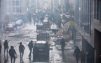 Illustration picture shows debris after clashes between police and protestors at a protest against the health pass (Ensemble pour la Liberte) and other corona measures, in Brussels, Sunday 21 November 2021. Various organizations such as Virus Madness, Hands for Freedom and Vecht Voor Vrijheid are meeting today to "dispel the disproportionate fear of the coronavirus, make a wider scientific voice heard and make people feel citizens that together they are strong. BELGA PHOTO HATIM KAGHAT (Photo by HATIM KAGHAT/BELGA MAG/AFP via Getty Images)