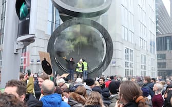 BRUSSELS, BELGIUM - NOVEMBER 21: Demonstrators gather around Nord Train Station to protest against mandatory Covid-19 vaccine, in Brussels, Belgium on November 21, 2021. (Photo by Dursun Aydemir/Anadolu Agency via Getty Images)