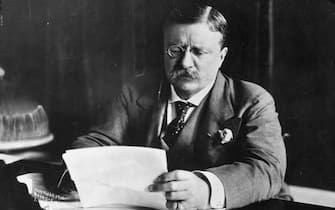 circa 1905:  Theodore Roosevelt (1858 - 1919),the 26th President of the United States (1901-09) sitting at his desk working.  (Photo by Hulton Archive/Getty Images)