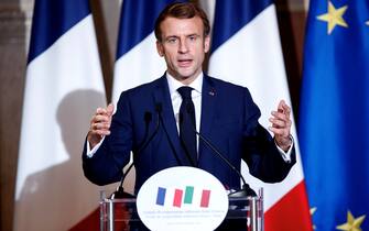 Foto Roberto Monaldo / LaPresse
26-11-2021 Roma
Villa Madama - Conferenza stampa del Presidente del Consiglio Mario Draghi e del Presidente della Repubblica Francese Emmanuel Macron dopo la firma del Trattato del Quirinale
Nella foto Emmanuel Macron

Photo Roberto Monaldo / LaPresse
26-11-2021 Rome (Italy)
Villa Madama - Press conference by Prime Minister Mario Draghi and President of the French Republic Emmanuel Macron after the signing of the Quirinale Treaty      
In the pic Emmanuel Macron
