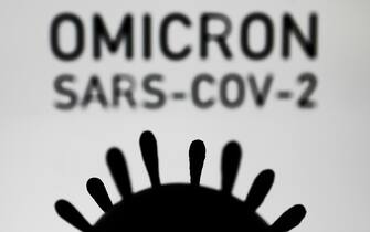 Coronavirus model and 'omicron sars-cov-2' sign displayed in the background are seen in this illustration photo taken in Krakow, Poland on November 28, 2021. (Photo by Jakub Porzycki/NurPhoto via Getty Images)