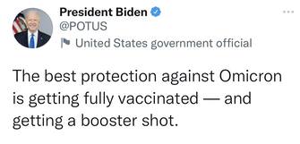 “Medici e scienziati hanno confermato che la migliore protezione dalla variante Omicron è la terza dose di vaccino. Andate a farla”. Lo ha detto il presidente Joe Biden