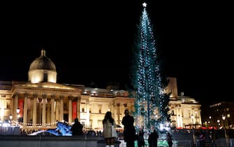 People gather to view the Christmas tree in Trafalgar Square after the lights are switched on during the traditional ceremony in central London on December 2, 2021. - The Trafalgar Square Christmas tree is a gift from the people of Norway to London in thanks for Britain's support in World War II.  (Photo by Tolga Akmen / AFP) (Photo by TOLGA AKMEN / AFP via Getty Images)