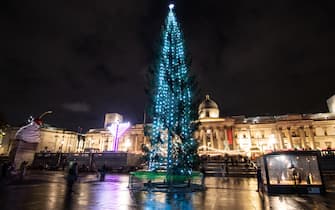 LONDON, ENGLAND - DECEMBER 03: A general view of a Christmas tree in Trafalgar Square as London prepares for the festive season on December 03, 2021 in London, England.  Norway have donated a tree to London annually since 1947. (Photo by Jeff Spicer / Getty Images)