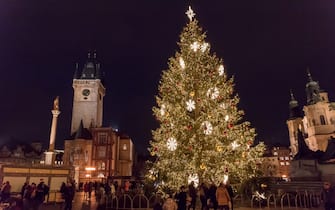 PRAGUE, CZECH REPUBLIC - 2021/12/06: Illuminated Christmas tree seen at the Old town square in Prague. Prague's famous Old Town Square Christmas market is shut down due to the Coronavirus pandemic and current restriction in the state of emergency in the Czech Republic. (Photo by Tomas Tkacik/SOPA Images/LightRocket via Getty Images)