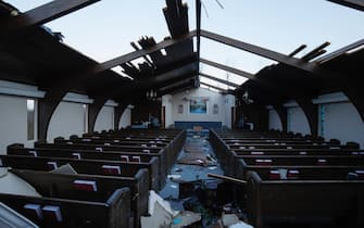MAYFIELD, KY - DECEMBER 11:  Interior view of tornado damage to Emmanuel Baptist Church on December 11, 2021 in Mayfield, Kentucky. (Photo by Brett Carlsen/Getty Images)