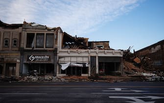 MAYFIELD, KY - DECEMBER 11:  General view of tornado damaged storefronts on December 11, 2021 in Mayfield, Kentucky. Multiple tornadoes tore through parts of the lower Midwest late on Friday night leaving a large path of destruction. (Photo by Brett Carlsen/Getty Images)