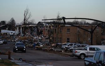 MAYFIELD, KY - DECEMBER 11: General view of tornado damage of the downtown area on December 11, 2021 in Mayfield, Kentucky.  Multiple tornadoes tore through parts of the lower Midwest late on Friday night leaving a large path of destruction.  (Photo by Brett Carlsen / Getty Images)