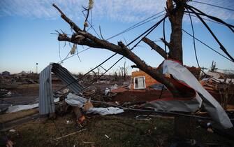 MAYFIELD, KY - DECEMBER 11:  General view of tornado damage of the downtown area on December 11, 2021 in Mayfield, Kentucky. Multiple tornadoes tore through parts of the lower Midwest late on Friday night leaving a large path of destruction. (Photo by Brett Carlsen/Getty Images)
