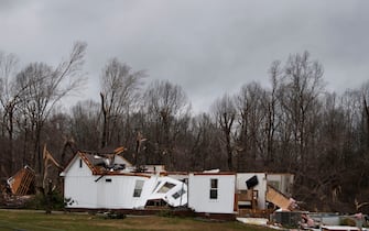 A house lies demolished along Murrell Rd. After overnight storms ripped through the community Saturday, Dec. 11, 2021 in Dickson Co., Tenn.  Nas Dec 11 Storm 009 (Photo by George Walker IV / The Tennessean / USA Today Network / Sipa USA)