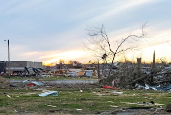 epa09637535 A view of damage caused by a tornado in Mayfield, Kentucky, USA, 11 December 2021. Large storms overnight in the area generated multiple tornados and have reportedly killed as many as 70 people, according to Kentucky Governor Andy Beshear.  EPA/ADDISON LEBOUTILLIER