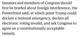 Mark Meadows, ex capo di Gabinetto dell'amministrazione Trump, ha consegnato alla commissione del Congresso Usa che indaga sull’assalto del 6 gennaio a Capitol Hill un PowerPoint, ricevuto via email alla vigilia del tragico attacco al Congresso, in cui si elencano i passaggi per attuare un golpe