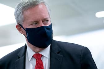 WASHINGTON, DC - OCTOBER 21: White House Chief of Staff Mark Meadows wears a protective mask as he departs the Senate Republican policy luncheon in the Hart Senate Office Building on Capitol Hill on October 21, 2020 in Washington, DC. Senate Majority Leader Mitch McConnell (R-KY) has advised the White House not to make a deal regarding a coronavirus stimulus package before Election Day, with worries Senate Republicans would not unite behind it. (Photo by Stefani Reynolds/Getty Images)