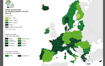 La mappa Ecdc che mostra i tamponi effettuati in Europa