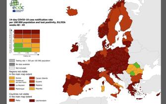 La mappa dell'Ecdc che mostra l'andamento della pandemia in Europa