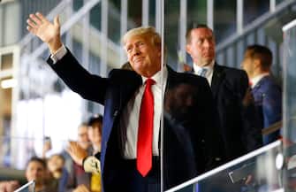 ATLANTA, GEORGIA - OCTOBER 30:  Former president of the United States Donald Trump waves prior to Game Four of the World Series between the Houston Astros and the Atlanta Braves Truist Park on October 30, 2021 in Atlanta, Georgia. (Photo by Michael Zarrilli/Getty Images)