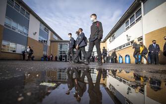 Students arrive at St Andrew's RC Secondary School in Glasgow as more pupils are returning to school in Scotland in the latest phase of lockdown easing. Picture date: Monday March 15, 2021. (Photo by Jane Barlow/PA Images via Getty Images)