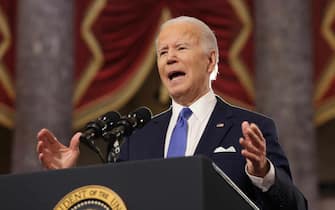 epa09669839 US President Joe Biden delivers remarks on the one-year anniversary of the January 6th insurrection at the Statuary Hall of the US Capitol in Washington, DC, USA, 06 January 2022.  On 06 January 2021, then-incumbent US vice president Pence was due to certify the Electoral College votes before Congress, the last step in the process before President-elect Biden was to be sworn in. In the morning, pro-Trump protesters had gathered for the so-called Save America March. Soon after Trump finished his speech at the Ellipse, the crowd marched to the Capitol, breaching the premises for the first time in more than 200 years.  EPA/JIM LO SCALZO / POOL