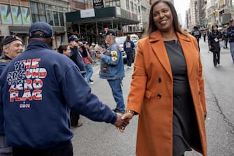NEW YORK, NEW YORK - NOVEMBER 11: New York State Attorney General and gubernatorial candidate Letitia James prepares to march in the annual Veterans Day Parade on November 11, 2021 in New York City. (Photo by Andrew Lichtenstein/Corbis via Getty Images)