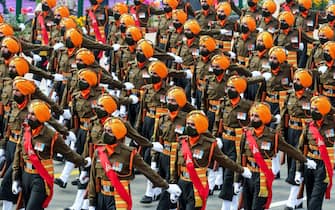 NEW DELHI, INDIA - JANUARY 26, 2022 : An Indian Army contingent marches during India's 73rd Republic Day parades in New Delhi on India ,January 26, 2022. (Photo by Stringer/Anadolu Agency via Getty Images)
