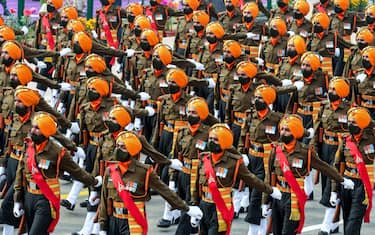 NEW DELHI, INDIA - JANUARY 26, 2022 : An Indian Army contingent marches during India's 73rd Republic Day parades in New Delhi on India ,January 26, 2022. (Photo by Stringer/Anadolu Agency via Getty Images)