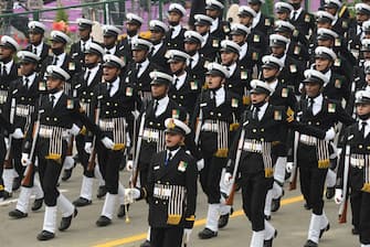 NEW DELHI, INDIA - JANUARY 26, 2022: Indian Navy contingent marches during India's 73rd Republic Day parades in New Delhi on India, January 26, 2022. (Photo by Stringer / Anadolu Agency via Getty Images)