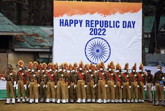 SRINAGAR, KASHMIR, INDIA-JANUARY 26: Indian soldiers wear protective face masks as they take part in the parade during the official celebration for India's Republic Day at Sher-i-Kashmir Stadium in Srinagar, Kashmir on January 26, 2022. (Photo by Faisal Khan/Anadolu Agency via Getty Images)