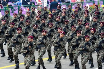 NEW DELHI, INDIA - JANUARY 26, 2022 : An Indian Army commandos contingent marches during India's 73rd Republic Day parades in New Delhi on India ,January 26, 2022. (Photo by Stringer/Anadolu Agency via Getty Images)