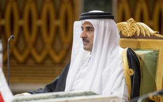 RIYADH, SAUDI ARABIA - DECEMBER 14: (----EDITORIAL USE ONLY â MANDATORY CREDIT - "ROYAL COURT OF SAUDI ARABIA / HANDOUT" - NO MARKETING NO ADVERTISING CAMPAIGNS - DISTRIBUTED AS A SERVICE TO CLIENTS----) Emir of Qatar, Sheikh Tamim bin Hamad Al Thani attends the 42nd Gulf Cooperation Council (GCC) Summit in Riyadh, Saudi Arabia on December 14, 2021. (Photo by Royal Court of Saudi Arabia/Anadolu Agency via Getty Images)