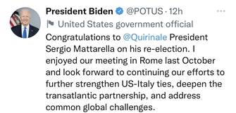 Joe Biden ha voluto congratularsi con Sergio Mattarella per la sua rielezione a Presidente della Repubblica