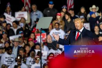 1238071953 CONROE, TX - JANUARY 29: Former President Donald Trump speaks during the 'Save America' rally at the Montgomery County Fairgrounds on January 29, 2022 in Conroe, Texas. Trump's visit was his first Texas MAGA rally since 2019. (Photo by Brandon Bell/Getty Images)